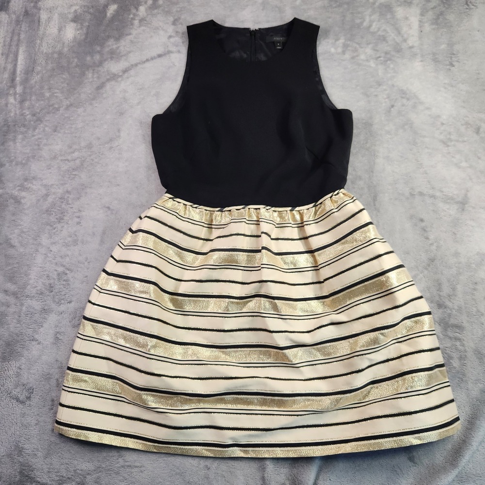J.Crew Black Gold Metallic Stripe Fit Flare Cocktail Party Dress Size 2 Holiday